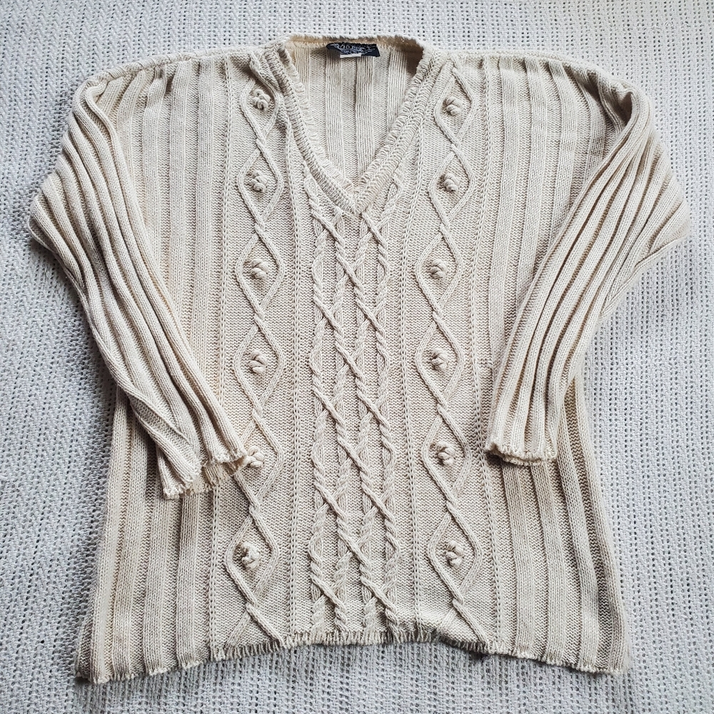 VTG David Brett Cotton Chunky Cable Knit Ivory Sweater Women’s XL USA Made